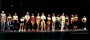 This is Ellen's cast photo of A CHORUS LINE. Because she is the tallest gal , she is smack dab in the middle of the line!