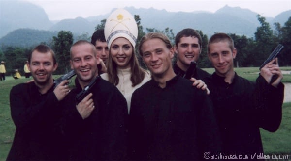 The Pope and Monks with Guns in THAILAND shooting the episode APOCALEXX NOW. Ellen Dubin as the Pope, joined by her sexy band of monks.