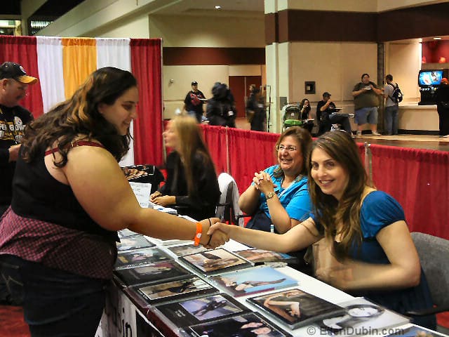 Ellen meeting a fan. Also seated: Virginia Hey and Jean Orrico