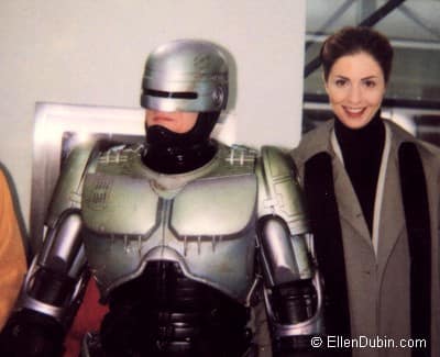 A candid shot on the Robocop set - Ellen as hostage negotiator Sandra Smyles with Page Fletcher as Alex J. Murphy/Robocop